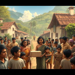 A vivid depiction of a village scene from April 1982, capturing the emotional atmosphere surrounding a family's sudden relocation to the village of Amarela