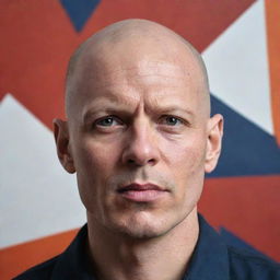 A detailed portrayal of a bald man with resolute facial features, strong jawline, and a confident expression, set against a bold, abstract backdrop.