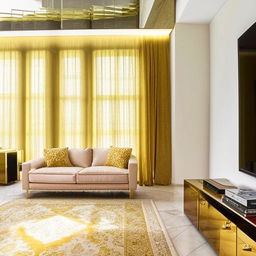 A contemporary high-ceilinged sitting room featuring SOP design, gold and beige curtains, a three-seater and two-seater sofa, a gold table, with a white and gold Persian rug beneath. The room is centered around a 60-inch television.