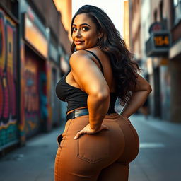 A stunning portrait of a confident woman with an impressively curvy physique, featuring a large, round backside