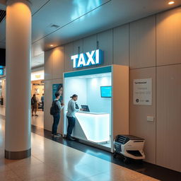 Cubículo pequeño empotrado en el muro para atención a clientes de una compañía de taxis en un aeropuerto, con un diseño moderno y sofisticado