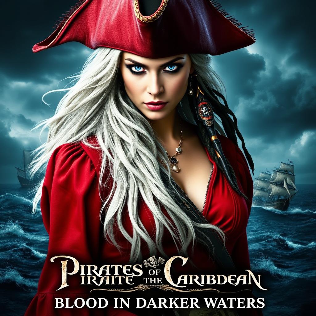 A dramatic and captivating movie poster for 'Pirates of the Caribbean: Blood in Darker Waters', featuring an enchanting woman with long flowing white hair and striking blue eyes