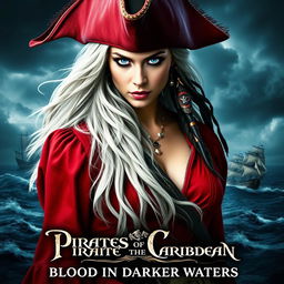 A dramatic and captivating movie poster for 'Pirates of the Caribbean: Blood in Darker Waters', featuring an enchanting woman with long flowing white hair and striking blue eyes