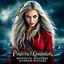 A dramatic and captivating movie poster for 'Pirates of the Caribbean: Blood in Darker Waters', featuring an enchanting woman with long flowing white hair and striking blue eyes