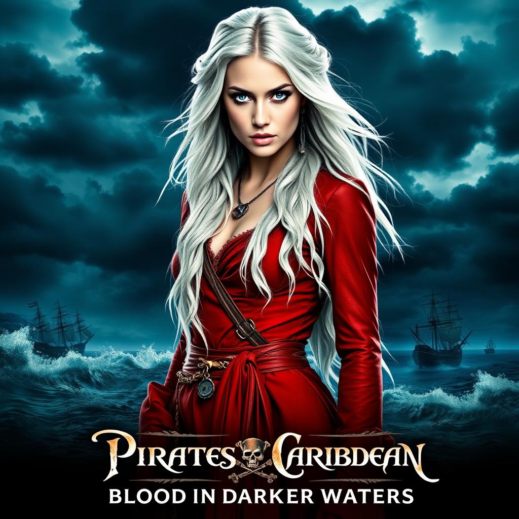 A dramatic and captivating movie poster for 'Pirates of the Caribbean: Blood in Darker Waters', featuring an enchanting woman with long flowing white hair and striking blue eyes