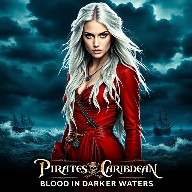 A dramatic and captivating movie poster for 'Pirates of the Caribbean: Blood in Darker Waters', featuring an enchanting woman with long flowing white hair and striking blue eyes