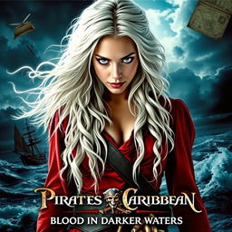 A dramatic and captivating movie poster for 'Pirates of the Caribbean: Blood in Darker Waters', featuring an enchanting woman with long flowing white hair and striking blue eyes