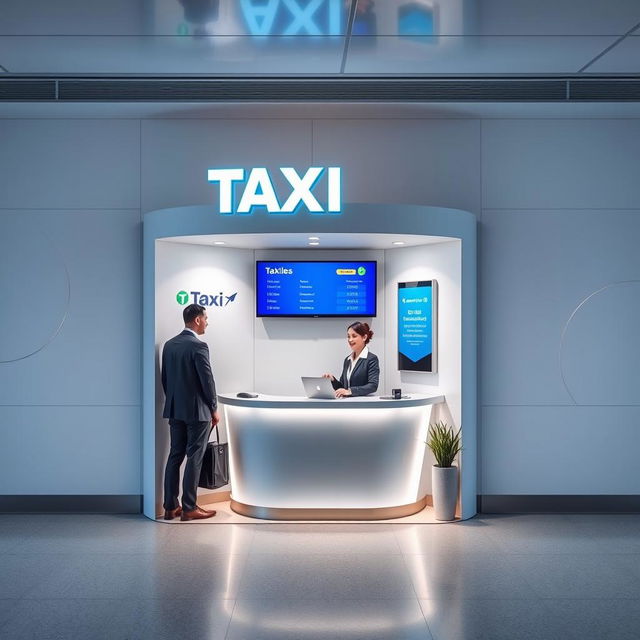 Cubículo pequeño empotrado en el muro para atención a clientes de una compañía de taxis en un aeropuerto, con un diseño moderno y estilizado