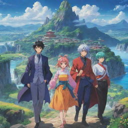 A colorful and engaging anime scene depicting charismatic characters with exaggerated expressions and vibrant outfits, set against an extraordinary fantasy landscape.