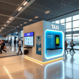 Cubículo pequeño empotrado en el muro para atención a clientes de una compañía de taxis en un aeropuerto, diseñado de manera moderna y funcional