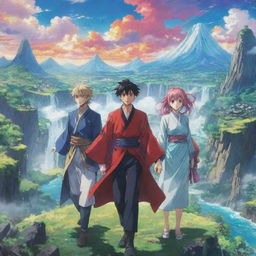 A colorful and engaging anime scene depicting charismatic characters with exaggerated expressions and vibrant outfits, set against an extraordinary fantasy landscape.