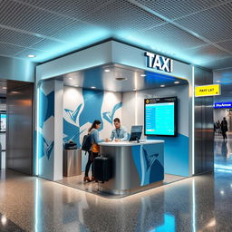 Cubículo pequeño empotrado en el muro para atención a clientes de una compañía de taxis en un aeropuerto, diseñado de manera moderna y atractiva