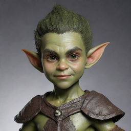 A unique blend of an Elf and Orc child, combining the elf's elegant grace with the orc's raw strength. The child has pointed elfish ears, sparkling eyes, rough orc-like skin, and carrying an adventurous spirit.