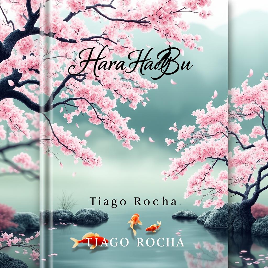 A book cover design for 'Hara Hachi Bu' by Tiago Rocha, featuring a serene and captivating landscape that symbolizes harmony and balance