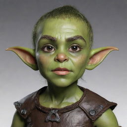 A unique blend of an Elf and Orc child, combining the elf's elegant grace with the orc's raw strength. The child has pointed elfish ears, sparkling eyes, rough orc-like skin, and carrying an adventurous spirit.