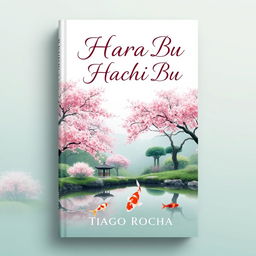 A book cover design for 'Hara Hachi Bu' by Tiago Rocha, featuring a serene and captivating landscape that symbolizes harmony and balance