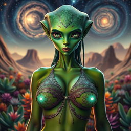 A captivating humanoid alien woman with three breasts, wearing an intricately designed bikini top adorned with exotic patterns