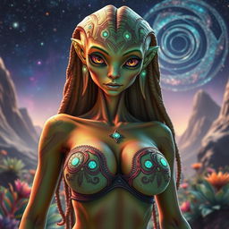 A captivating humanoid alien woman with three breasts, wearing an intricately designed bikini top adorned with exotic patterns