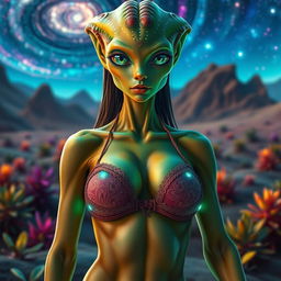 A captivating humanoid alien woman with three breasts, wearing an intricately designed bikini top adorned with exotic patterns