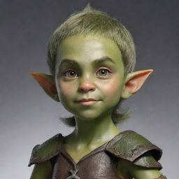 A unique blend of an Elf and Orc child, combining the elf's elegant grace with the orc's raw strength. The child has pointed elfish ears, sparkling eyes, rough orc-like skin, and carrying an adventurous spirit.