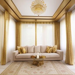 A contemporary high-ceilinged sitting room featuring SOP design, gold and beige curtains, a three-seater and two-seater sofa, a gold table, with a white and gold Persian rug beneath. The room is centered around a 60-inch television.