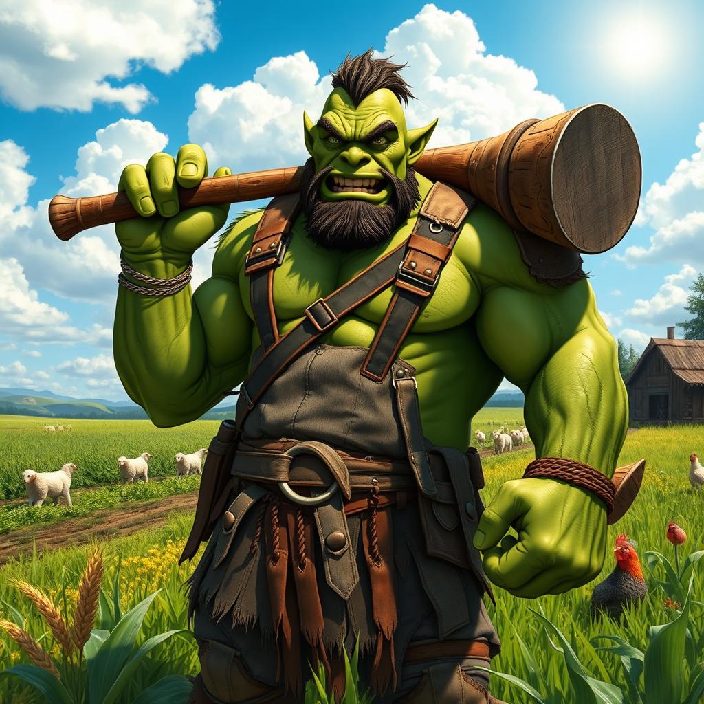 A muscular orc farmer with green skin, wearing tattered but sturdy clothes, standing in a lush, vibrant farm field