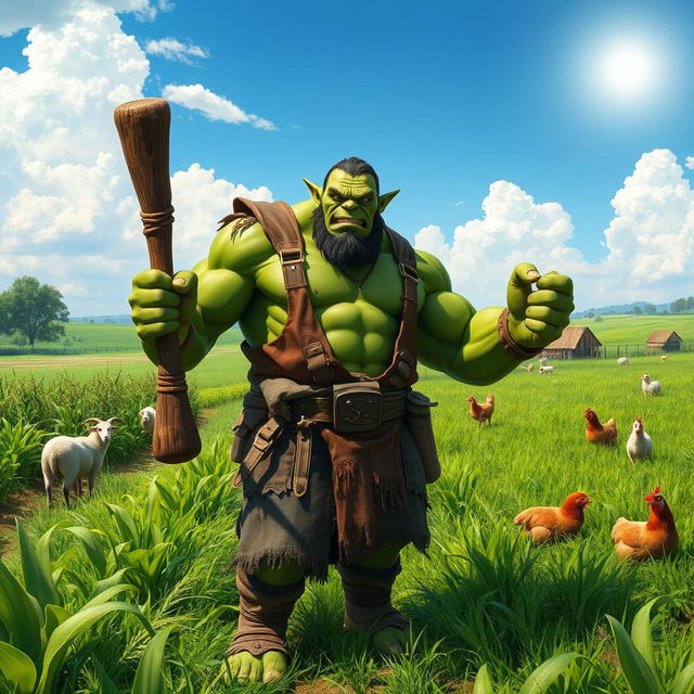 A muscular orc farmer with green skin, wearing tattered but sturdy clothes, standing in a lush, vibrant farm field