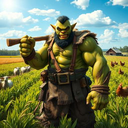 A muscular orc farmer with green skin, wearing tattered but sturdy clothes, standing in a lush, vibrant farm field