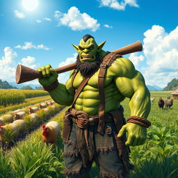 A muscular orc farmer with green skin, wearing tattered but sturdy clothes, standing in a lush, vibrant farm field