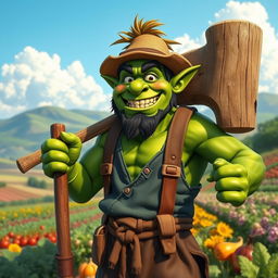 A cheerful orc farmer with green skin and a broad smile, standing proudly in a flourishing farm field