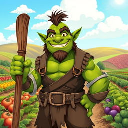 A cheerful orc farmer with green skin and a broad smile, standing proudly in a flourishing farm field