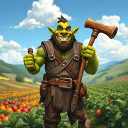 A cheerful orc farmer with green skin and a broad smile, standing proudly in a flourishing farm field