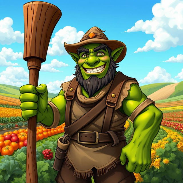 A cheerful orc farmer with green skin and a broad smile, standing proudly in a flourishing farm field