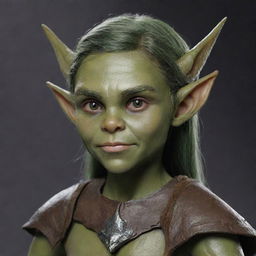 A unique blend of an Elf and Orc child, combining the elf's elegant grace with the orc's raw strength. The child has pointed elfish ears, sparkling eyes, rough orc-like skin, and carrying an adventurous spirit.