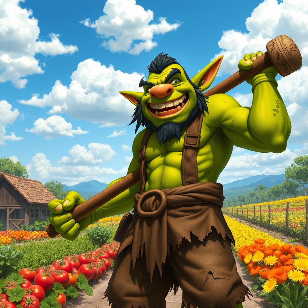 A joyful orc farmer with rugged, muscular features and green skin, standing proudly in a thriving farm landscape