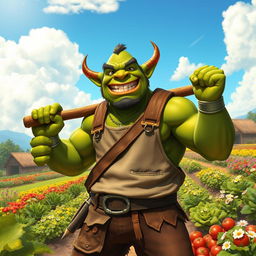 A joyful orc farmer with rugged, muscular features and green skin, standing proudly in a thriving farm landscape