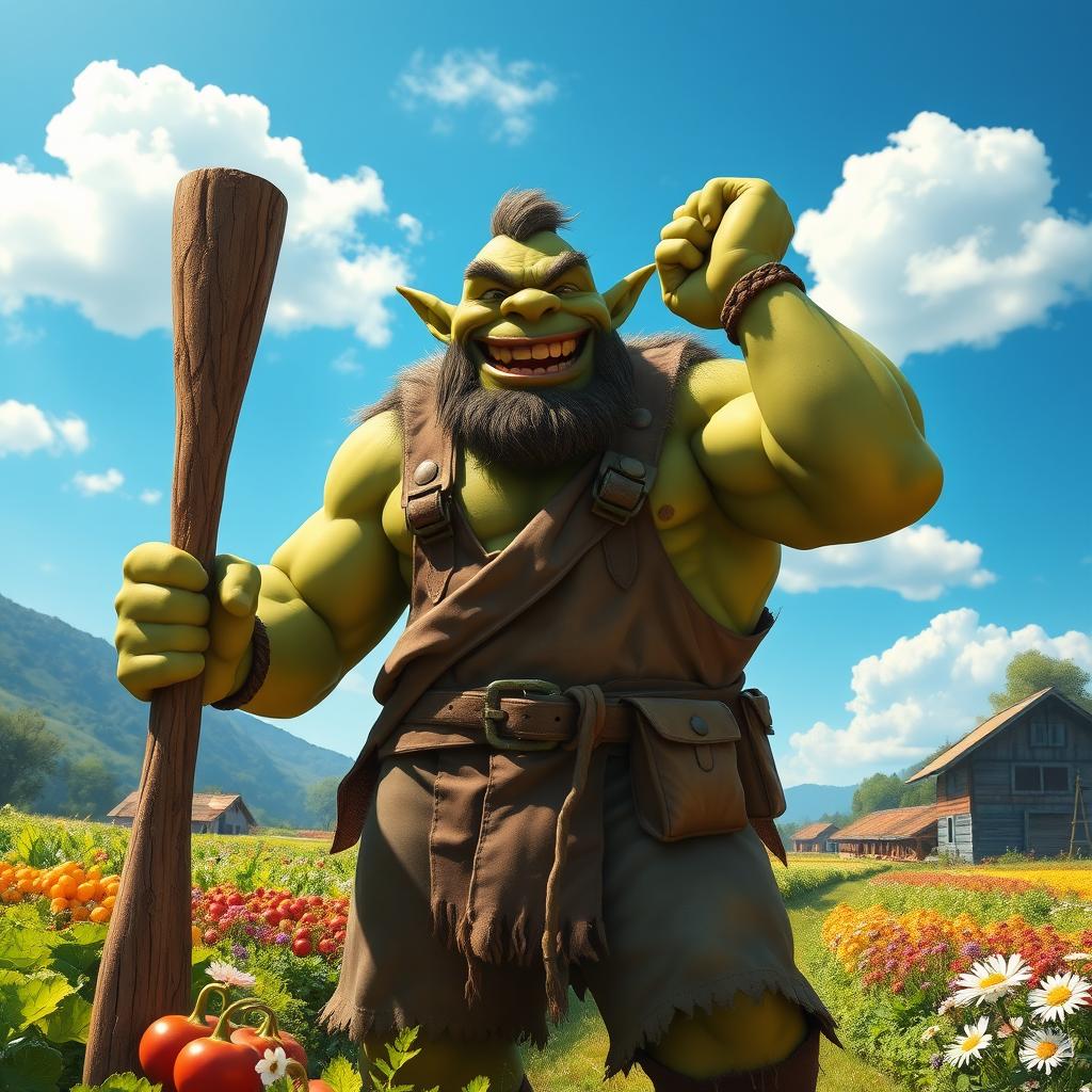 A joyful orc farmer with rugged, muscular features and green skin, standing proudly in a thriving farm landscape