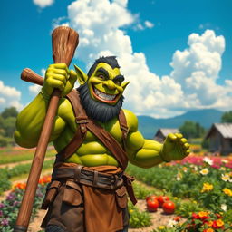 A joyful orc farmer with rugged, muscular features and green skin, standing proudly in a thriving farm landscape