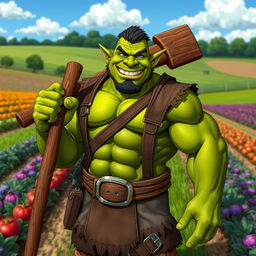 A handsome and muscular orc farmer with green skin, radiating happiness, stands confidently in his thriving farm field