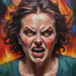 A fiercely expressive painting of an angry woman with strong features, flaming eyes, and intense colors radiating from her, capturing her unleashed power and emotion.