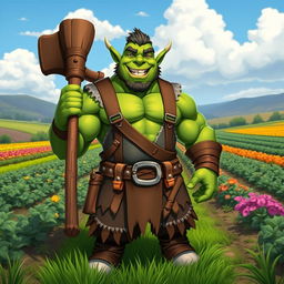 A handsome and muscular orc farmer with green skin, radiating happiness, stands confidently in his thriving farm field