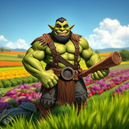 A handsome and muscular orc farmer with green skin, radiating happiness, stands confidently in his thriving farm field