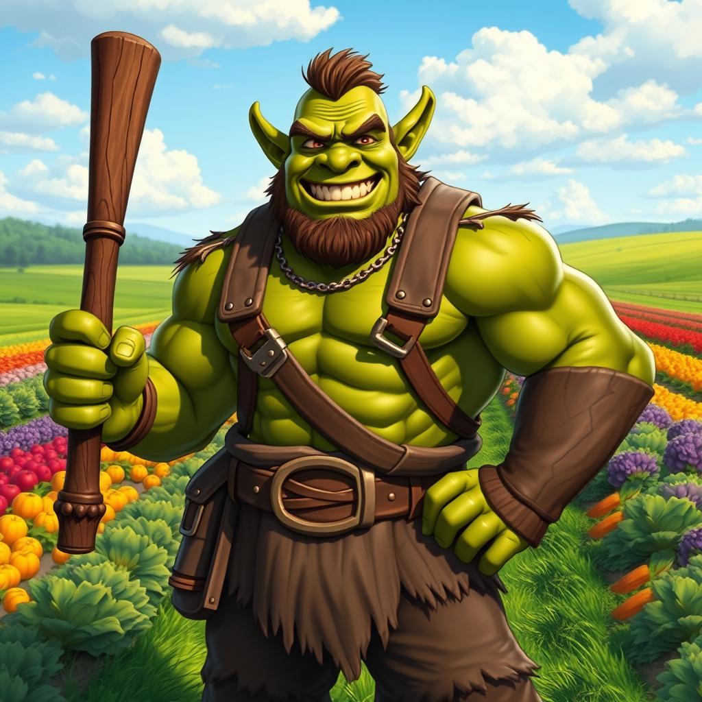 A handsome and muscular orc farmer with green skin, radiating happiness, stands confidently in his thriving farm field