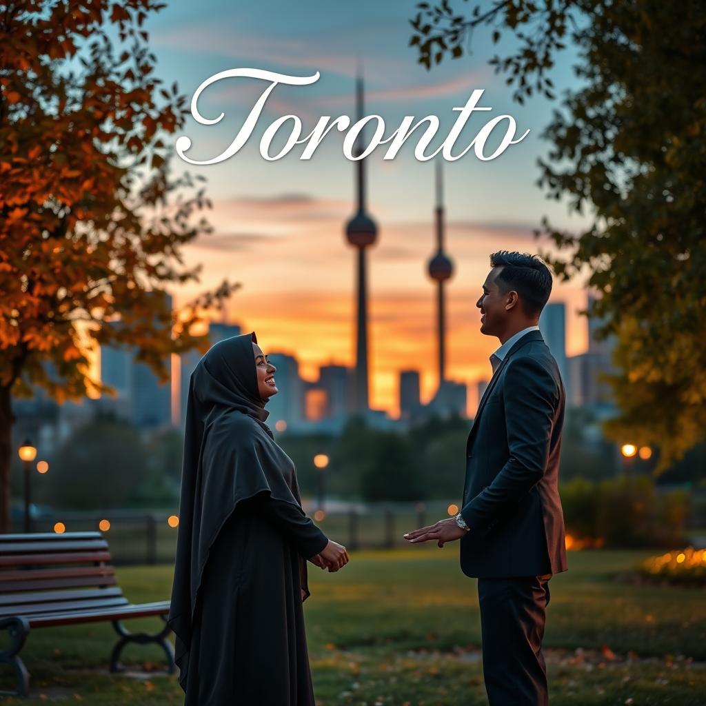 A romantic scene set in Toronto, showcasing a beautiful sunset over the iconic skyline with the CN Tower in the background