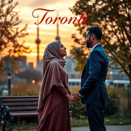 A romantic scene set in Toronto, showcasing a beautiful sunset over the iconic skyline with the CN Tower in the background