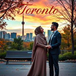 A romantic scene set in Toronto, showcasing a beautiful sunset over the iconic skyline with the CN Tower in the background