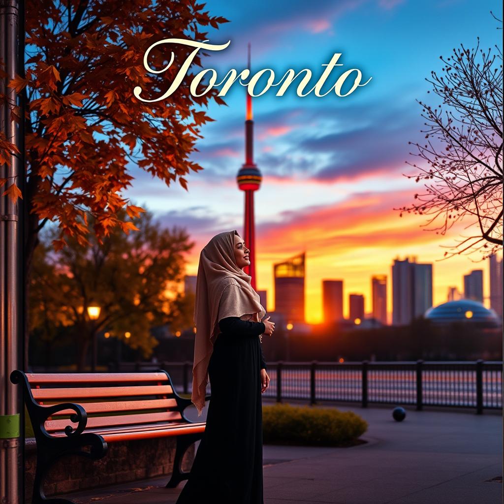 A romantic scene set in Toronto, showcasing a beautiful sunset over the iconic skyline with the CN Tower in the background