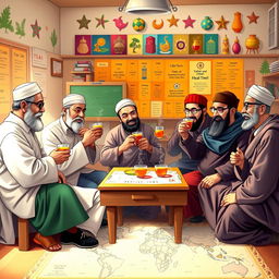 A vibrant and culturally rich scene depicting eight Muslim male teachers engaged in a joyful tea-drinking moment