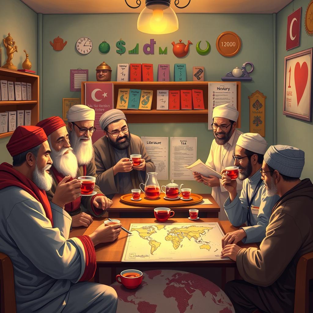 A vibrant and culturally rich scene depicting eight Muslim male teachers engaged in a joyful tea-drinking moment