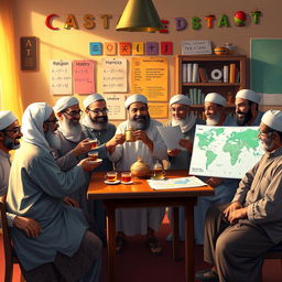 A vibrant and culturally rich scene depicting eight Muslim male teachers engaged in a joyful tea-drinking moment